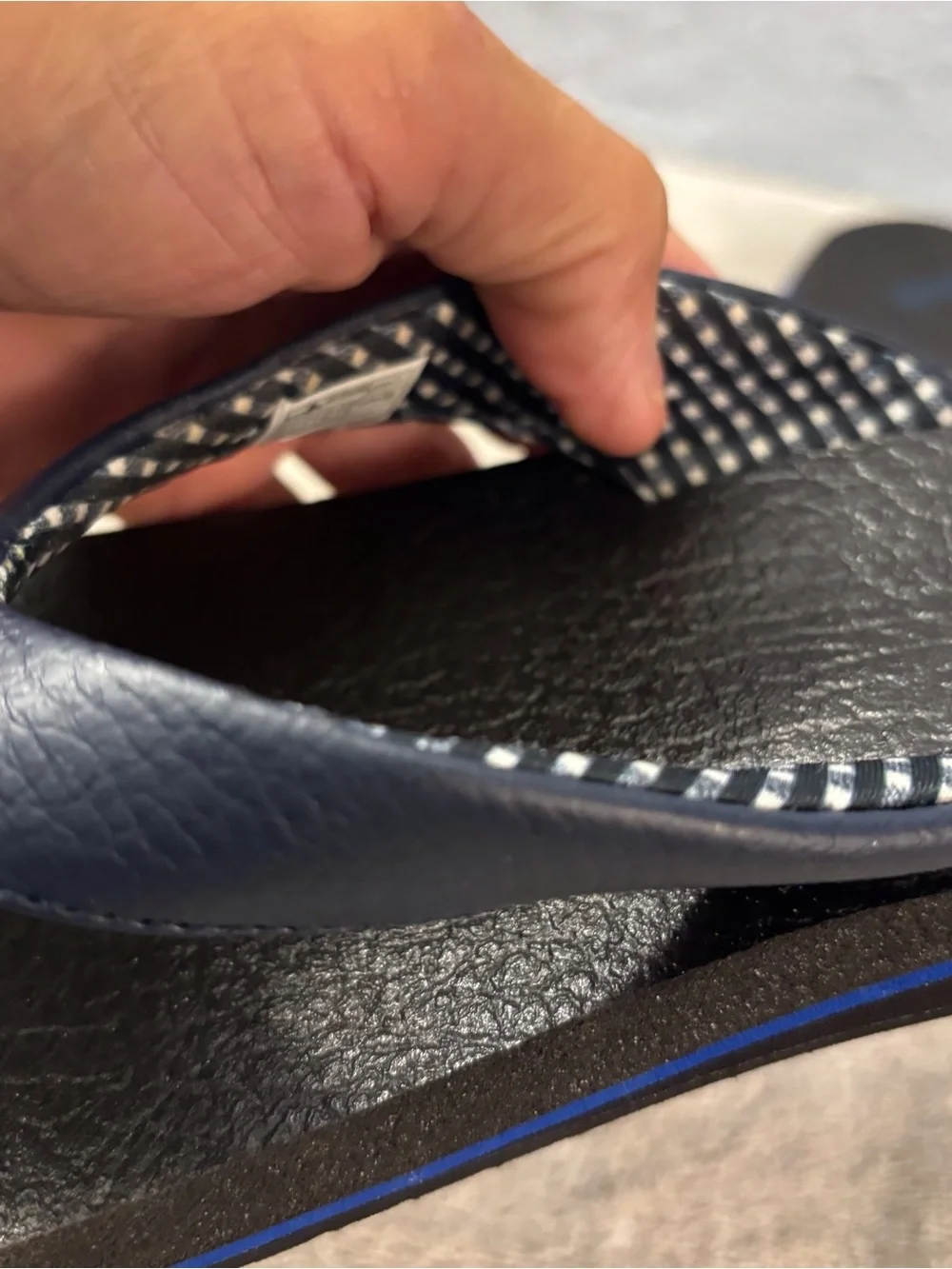 Sanuk Navy and Black Gingham Strap Flip Flops SZ 9 Yoga Mat 11 Memory Foam
